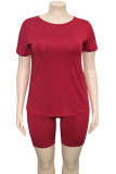 rose red Fashion Casual Adult Solid O Neck Plus Size 