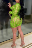 Green Sexy Solid Hollowed Out Split Joint See-through O Neck One Step Skirt Dresses