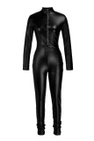 Black Fashion Casual Solid Fold Zipper Collar Skinny Jumpsuits (Without Belt)