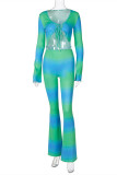 Green Fashion Casual Print Bandage Asymmetrical V Neck Long Sleeve Two Pieces