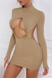 Khaki Fashion Sexy Solid Hollowed Out Backless Turtleneck Long Sleeve Dresses