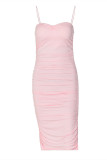 Pink Fashion Sexy Solid Backless Fold Spaghetti Strap Sleeveless Dress