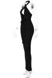 Rose Red Fashion Sexy Solid Bandage Hollowed Out Backless Halter Sleeveless Dress