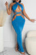 Blue Sexy Solid Hollowed Out Backless Strap Design Halter Sleeveless Two Pieces