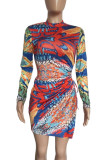 Fluorescent Yellow Sexy Print Hollowed Out Patchwork Frenulum Slit Half A Turtleneck Straight Dresses