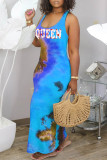 Rose Red Sexy Casual Letter Print Tie-dye U Neck Vest Dress