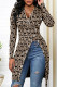 Khaki Fashion Casual Print Slit Zipper Collar Tops