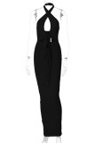 Rose Red Fashion Sexy Solid Bandage Hollowed Out Backless Halter Sleeveless Dress