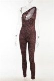 Dark Brown Fashion Sexy Print Hollowed Out Backless One Shoulder Skinny Jumpsuits
