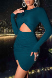 Blue Sexy Solid Hollowed Out Patchwork Fold O Neck One Step Skirt Dresses