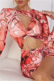 Red Fashion Sexy Print Hollowed Out Draw String O Neck Long Sleeve Dresses