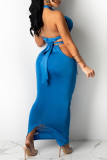 Blue Sexy Solid Hollowed Out Backless Strap Design Halter Sleeveless Two Pieces