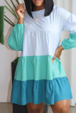 Blue Casual Solid Patchwork Fold O Neck A Line Dresses
