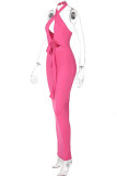 Rose Red Fashion Sexy Solid Bandage Hollowed Out Backless Halter Sleeveless Dress