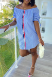 Blue Fashion Casual Striped Print Patchwork Off the Shoulder Sleeveless Dress