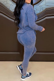 Blue Fashion Casual Sportswear Daily Living Simplicity Print Make Old Printing O Neck Long Sleeve Two Pieces