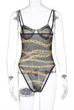 Black Fashion Sexy Print See-through Backless Spaghetti Strap Skinny Romper