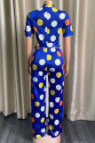 Blue Fashion Casual Dot Print Hollowed Out O Neck Regular Jumpsuits
