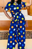 Blue Fashion Casual Dot Print Hollowed Out O Neck Regular Jumpsuits