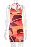 Tangerine Sexy Print Patchwork Backless Halter Pencil Skirt Dresses