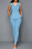 Sky Blue Fashion Casual Solid Patchwork V Neck Regular Jumpsuits