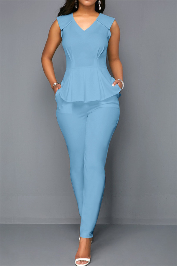 Sky Blue Fashion Casual Solid Patchwork V Neck Regular Jumpsuits