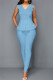 Sky Blue Fashion Casual Solid Patchwork V Neck Regular Jumpsuits
