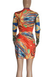Fluorescent Yellow Sexy Print Hollowed Out Patchwork Frenulum Slit Half A Turtleneck Straight Dresses