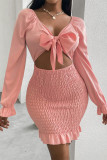 Pink Fashion Sexy Solid Hollowed Out Split Joint V Neck Long Sleeve Dresses