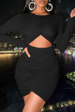 Blue Sexy Solid Hollowed Out Patchwork Fold O Neck One Step Skirt Dresses