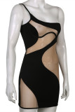 Black Sexy Patchwork See-through Backless Spaghetti Strap Sleeveless Dress