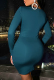 Blue Sexy Solid Hollowed Out Patchwork Fold O Neck One Step Skirt Dresses