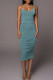Blue Sexy Solid Patchwork Fold Spaghetti Strap Sleeveless Two Pieces