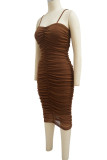 Coffee Sexy Solid Split Joint Fold Spaghetti Strap One Step Skirt Dresses