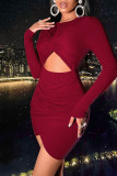 Blue Sexy Solid Hollowed Out Patchwork Fold O Neck One Step Skirt Dresses