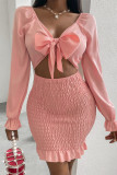 Pink Fashion Sexy Solid Hollowed Out Split Joint V Neck Long Sleeve Dresses