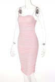 Pink Fashion Sexy Solid Backless Fold Spaghetti Strap Sleeveless Dress