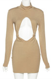 Khaki Fashion Sexy Solid Hollowed Out Backless Turtleneck Long Sleeve Dresses