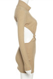 Khaki Fashion Sexy Solid Hollowed Out Backless Turtleneck Long Sleeve Dresses