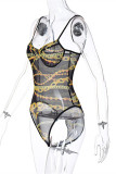Black Fashion Sexy Print See-through Backless Spaghetti Strap Skinny Romper