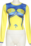 Yellow Fashion Casual Print Basic O Neck Tops