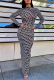 Black Fashion Sexy Print Frenulum Backless Turtleneck Long Sleeve Dresses