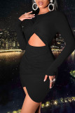 Blue Sexy Solid Hollowed Out Patchwork Fold O Neck One Step Skirt Dresses