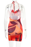 Tangerine Sexy Print Patchwork Backless Halter Pencil Skirt Dresses
