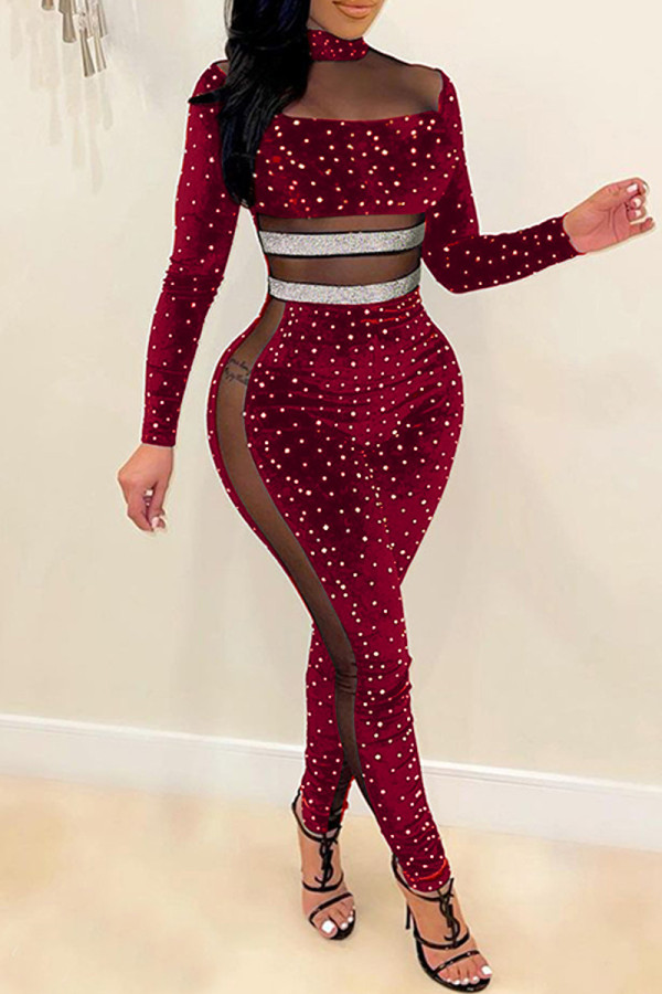 Red Fashion Sexy Patchwork Hot Drilling See-through Turtleneck Skinny Jumpsuits