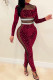 Red Fashion Sexy Patchwork Hot Drilling See-through Turtleneck Skinny Jumpsuits