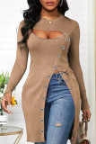 Khaki Fashion Casual Solid Hollowed Out Patchwork Zipper O Neck Tops
