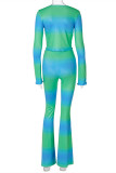 Green Fashion Casual Print Bandage Asymmetrical V Neck Long Sleeve Two Pieces