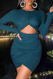 Blue Sexy Solid Hollowed Out Patchwork Fold O Neck One Step Skirt Dresses