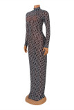 Black Fashion Sexy Print Frenulum Backless Turtleneck Long Sleeve Dresses
